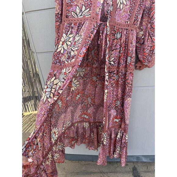 Free People Maxi Kimono Sheer Floral Rose Combo Robe Duster Cover-Up Sz M/L Boho - Picture 14 of 16